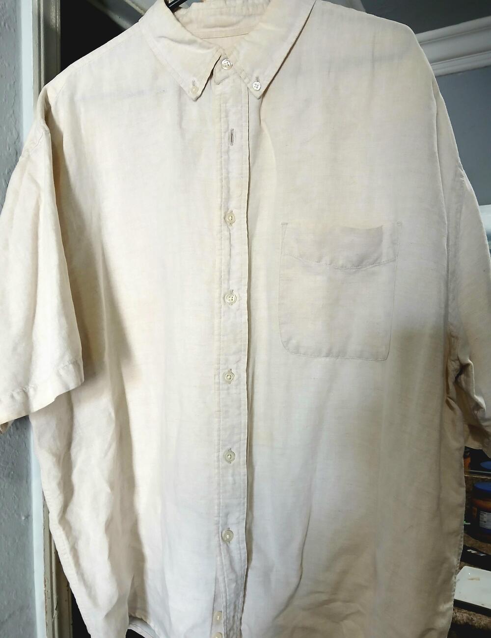 Eddie Bauer Button-Up Shirt Mens XL Beige Linen Cotton Short Sleeve Casual